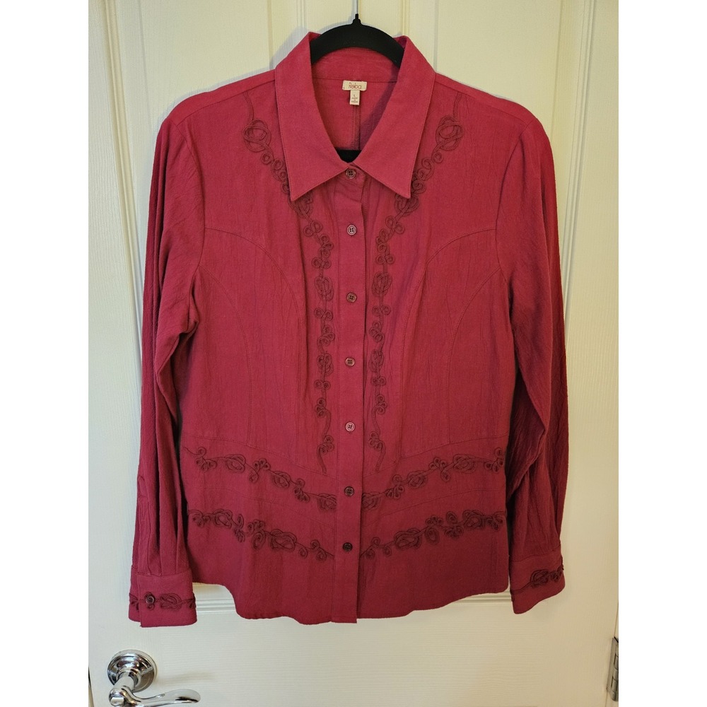 NWT Reba Burgundy Western LS Button-Down Embroidered Detail Shirt, Sz. LG